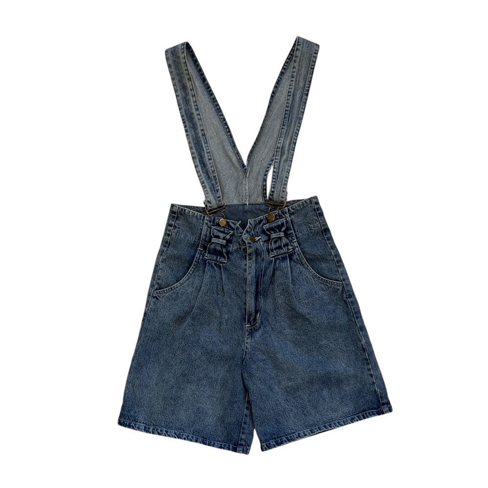 Vtg 90s Denim Suspender Overall Shorts Juniors 7/8 Cute Bow Detail